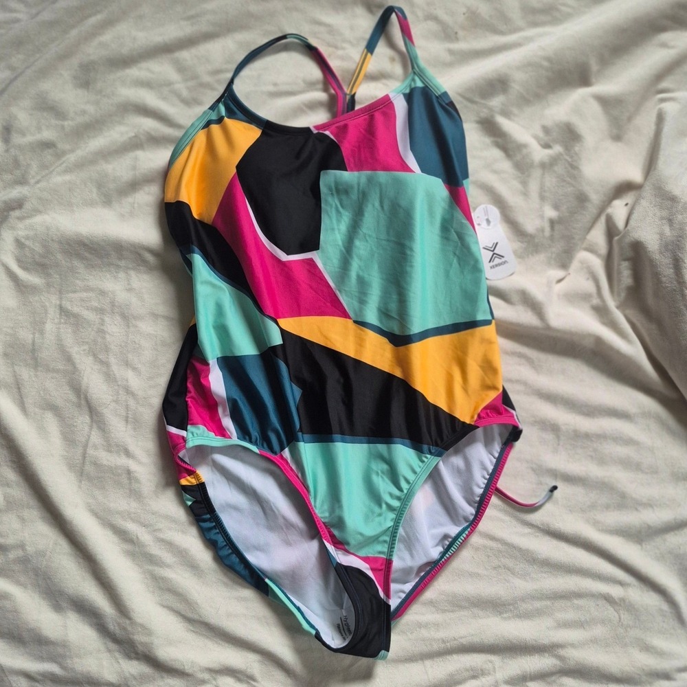 Xersion Women XXL Geometric Colorblock One Piece Swimsuit Lace Up Back NWT